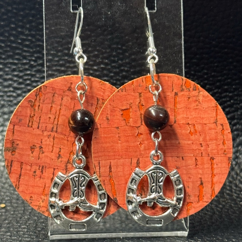 Rustic Cork and Silver Boots In Horseshoe Earrings